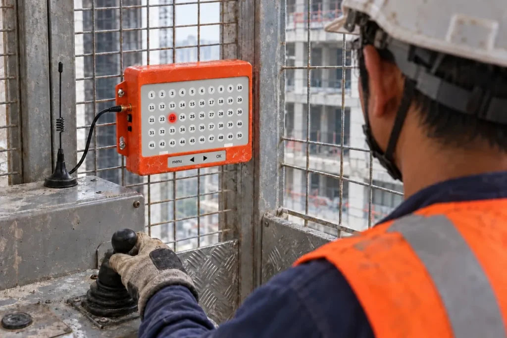 Hoist operator at the controls inside the cage, with level 23 lit on the orange receiving panel