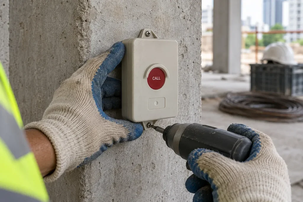 Worker screwing a hoist call button onto a concrete column with a cordless screwdriver, no cables needed