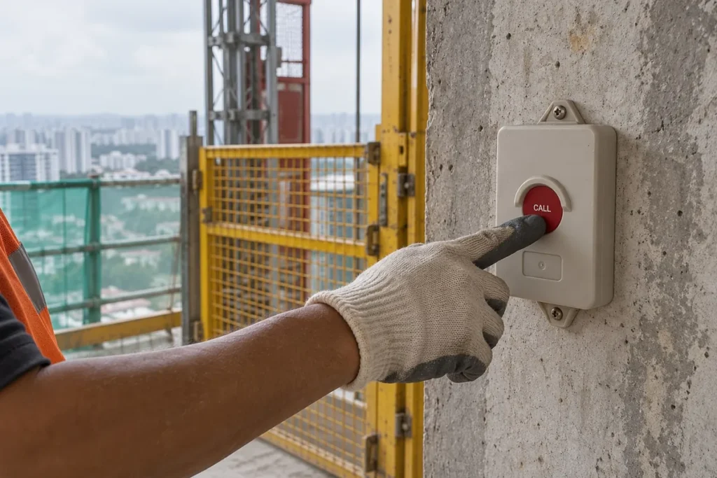 Gloved hand pressing the red Call button on a hoist call button fixed to a column beside the hoist landing gate