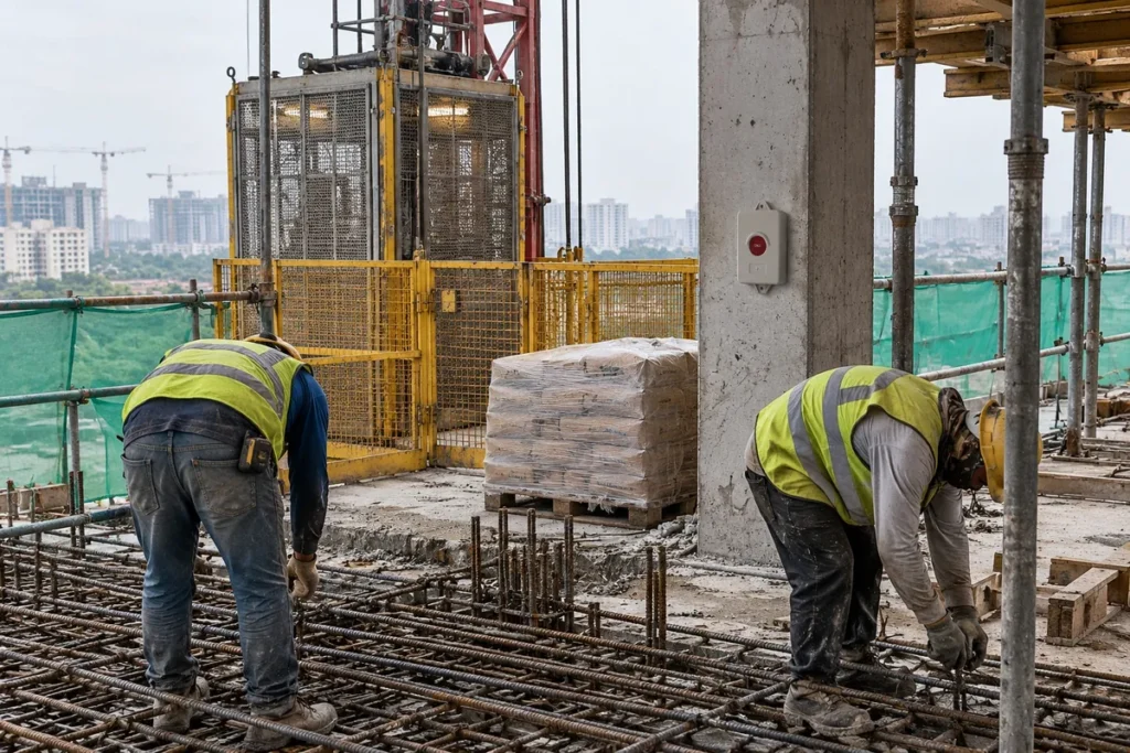 Workers tying rebar while the hoist cage arrives at the landing gate, with a call button on the column beside it