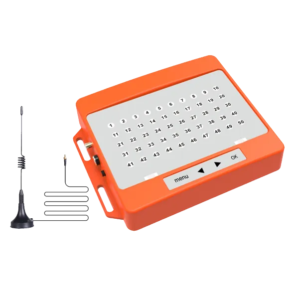 Orange hoist receiving panel with a keypad grid and antenna