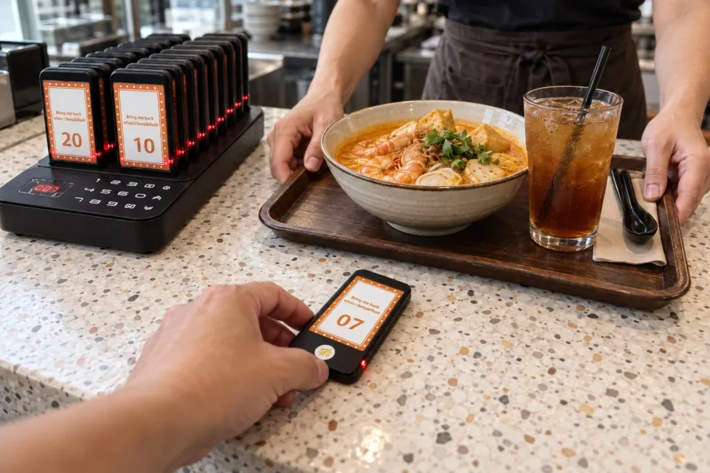Customer returning pager 07 at the counter as staff hand over a tray of laksa