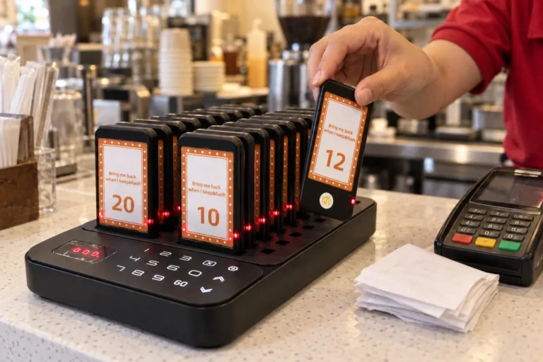 Cashier lifting pager 12 out of the SG600SLX charging base beside the card terminal