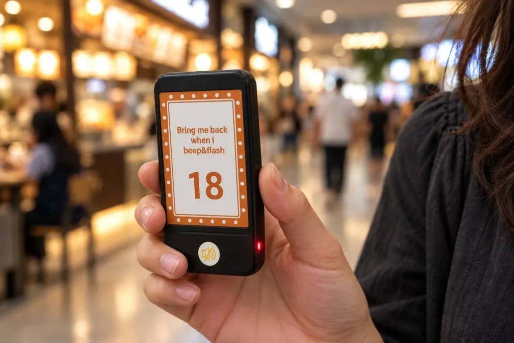 Customer holding a Series Slim SG600SLX pager showing number 18 above its mute button