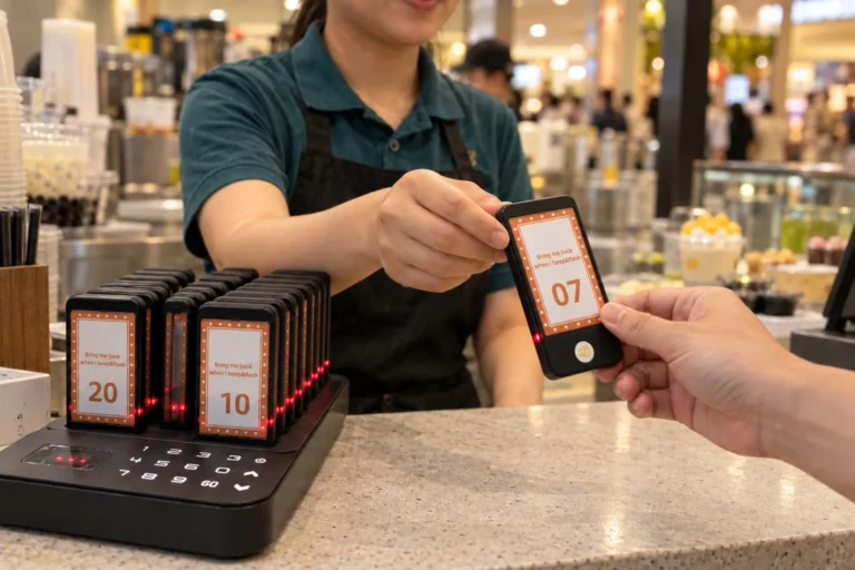 Cashier handing a Series Slim SG600SLX pager to a customer at a dessert kiosk
