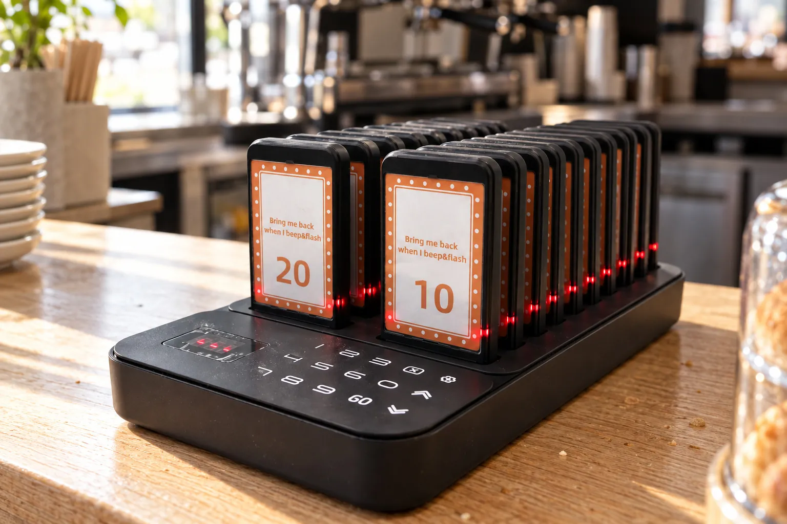 Series Slim SG600SLX charging base with 20 pagers on a cafe counter