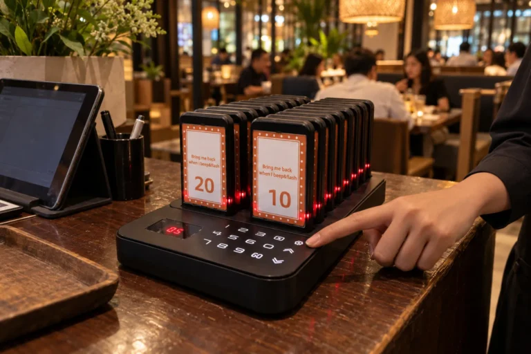 Host keying a pager number into the SG600SLX base at a restaurant entrance