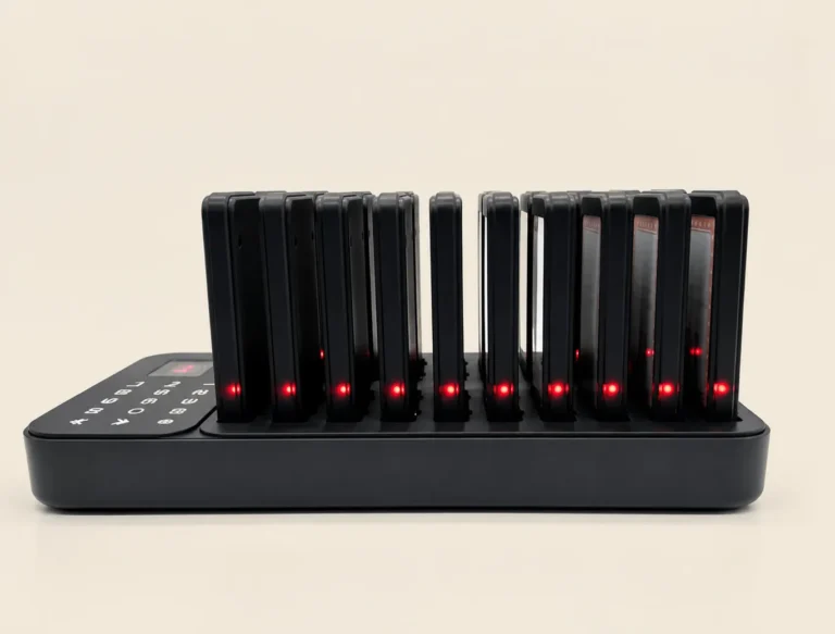 Side view of the SG600SLX base showing the slim docked pagers and their charging lights