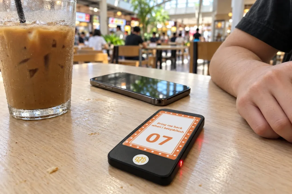 Series Slim SG600SLX pager on a food court table while the customer waits